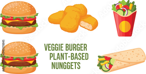 Veggie Burger, Plant-Based Nuggets, Fresh Salad, and Healthy Wrap for Vegan and Vegetarian Meals.