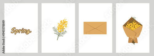 Set of white postcards Spring Mimosa.