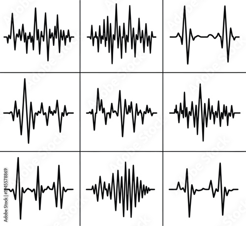 Collection of nine distinct ecg or sound wave patterns