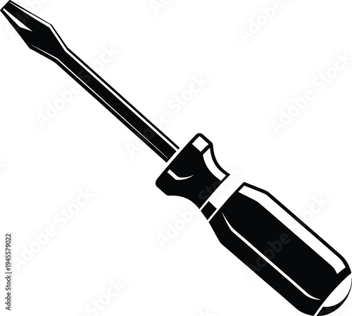 A black and white image of a flathead screwdriver with a handle