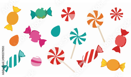Colorful candy sweets vector illustration with patterned confectionery elements