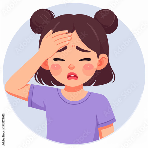 A cartoon girl with brown hair in buns holding her forehead, looking unwell or in pain.