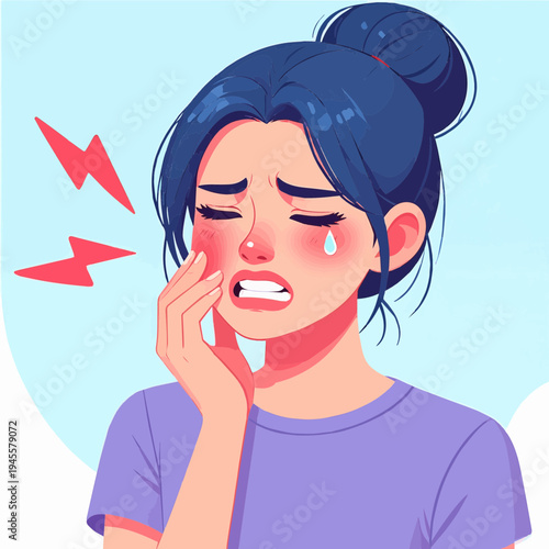 A young woman with blue hair suffering from a severe toothache, holding her cheek in pain with a tear rolling down her face.