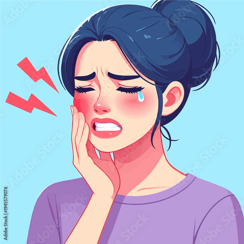 A cartoon illustration of a young woman suffering from a severe toothache, holding her cheek in pain with a tear rolling down her face.
