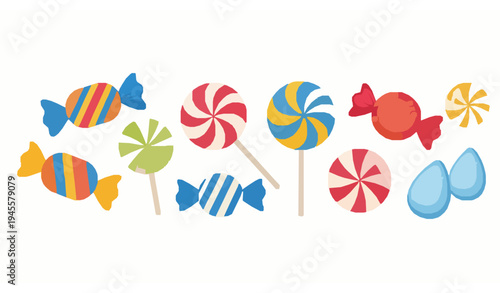 Colorful sweet candy collection vector illustration with patterned sweets set