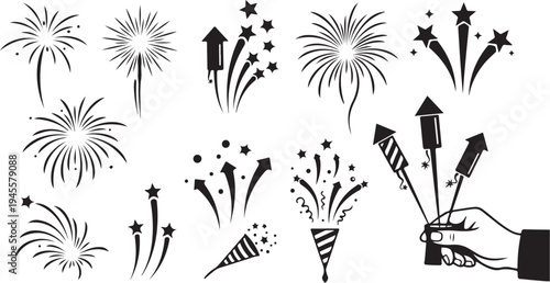 Fireworks and Sparklers in Black and White Vector Illustration