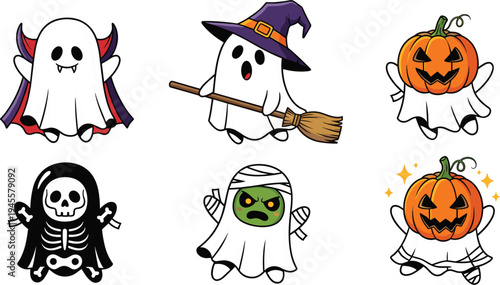 Cute Halloween Ghosts with Pumpkin, Witch Hat, Vampire, Skeleton, and Mummy for Spooky and Fun Illustrations.