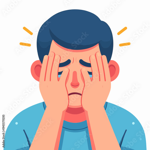 A cartoon illustration of a man covering his face with his hands, expressing sadness or distress.