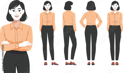 Set of young beautiful business women with short hairstyles in different poses and angles isolated flat vector illustration