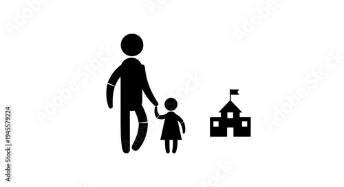 Father Holding Child Walking Towards School.