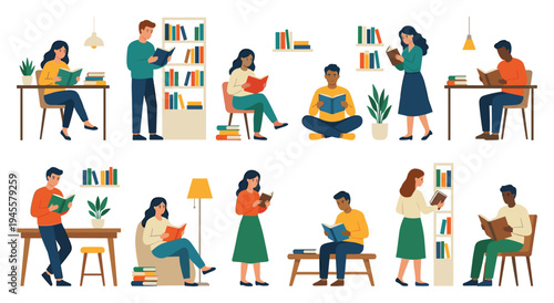 People reading books in a library or study setting, focusing on education