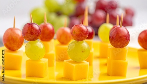 Yellow plate with snack skewers of green grape, yellow cheese cube, and red grape stacked on toothpicks, background with grapes and cheese block.