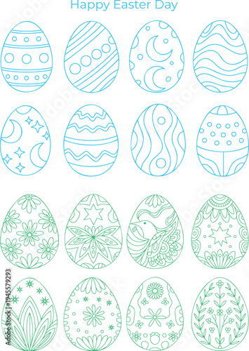 Numerous blue and green outline drawings of decorative Easter eggs with various intricate patterns