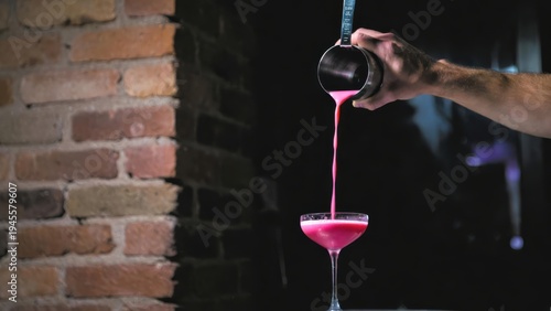 A close-up shot of a bartender pouring a vibrant pink cocktail from a shaker into a glass, capturing the art of drink mixing in a stylish bar setting.