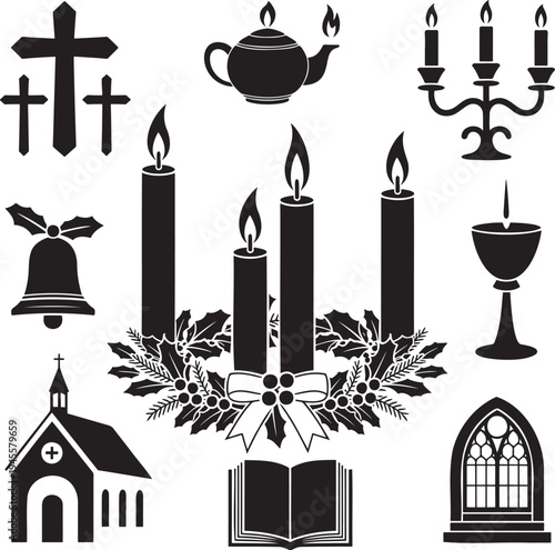 A collection of Christian and Advent season icons including crosses, candles, and a church silhouette