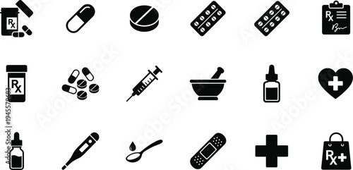 Professional Medical and Pharmacy Icon Set Featuring Pill Bottles Capsules Tablets Rx Prescription Syringe Thermometer and First Aid Silhouettes