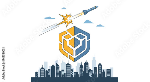 Flat 2D illustration of a city skyline with a missile defense concept and a cube logo in blue and yellow hues against a clean white background.