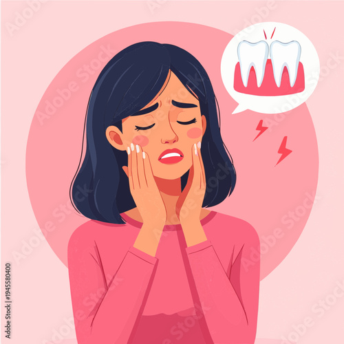 A woman suffering from toothache or gum pain, holding her cheeks in discomfort.