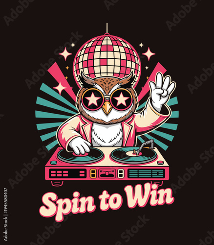 Retro DJ Owl Illustration with Turntable Disco Ball and Spin to Win Text