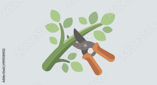 Hand pruners cutting a green branch with leaves symbol of gardening plant maintenance trimming bushes