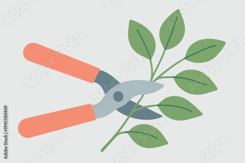Gardening pruning shears cutting a green plant branch with scattered leaves minimal flat style illustration about plant care trimming