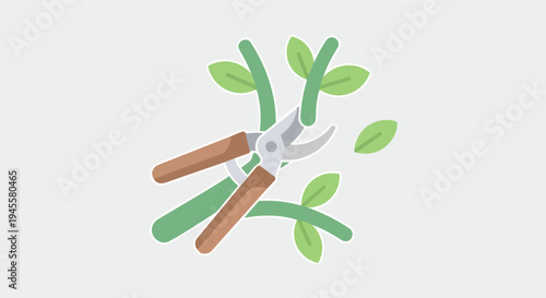 Pruning scissors cutting plant stem with green leaves representing garden maintenance trimming branches