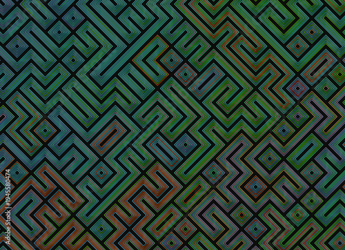 3D rendering of colorful neon geometric line pattern with repeating diamonds and angular maze structures