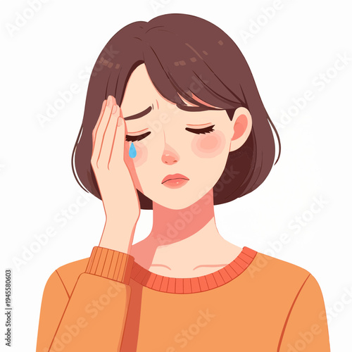 A cartoon illustration of a sad young woman with short brown hair, crying with one hand on her forehead, expressing distress or headache.
