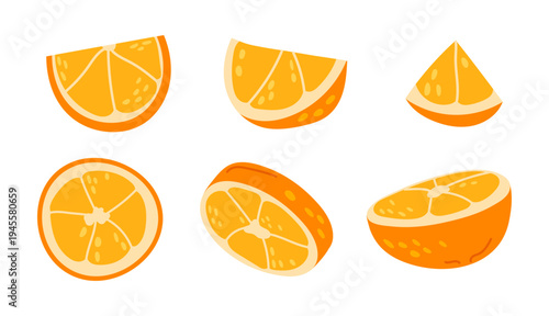 Set of orange fruit slices in different shapes. Fresh citrus pieces isolated on white background for food design, packaging, menu and healthy lifestyle themes.
