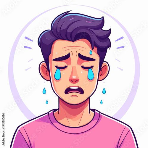 A cartoon illustration of a young man with purple hair crying with tears streaming down his face, showing an expression of deep sadness and distress.