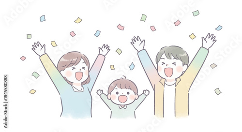 Happy Cartoon Family with Money Flying Around.
