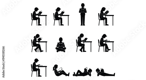 Children and adults reading at desks and on floor, simple stick figures