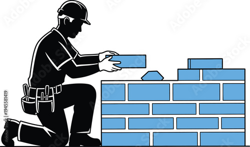 A construction worker building a brick wall with blue bricks
