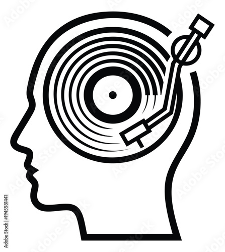 Outline illustration of vinyl record turntable inside human head profile depicting music psychology and memory for mental health design