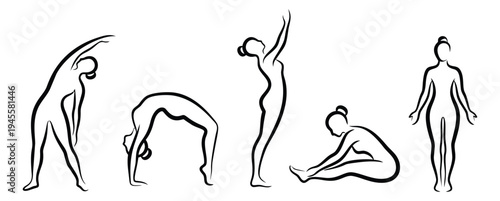 Line art icon set of 5 yoga poses featuring stretching and flexibility exercises for wellness design