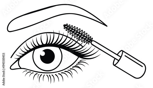 Line art illustration of eye with mascara application depicting beauty routine for cosmetic design