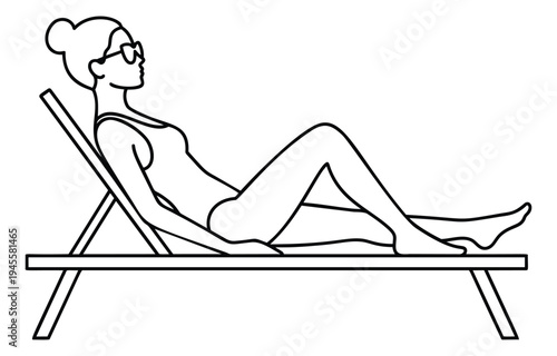 Outline illustration of woman relaxing on lounge chair depicting summer leisure for vacation and wellness design