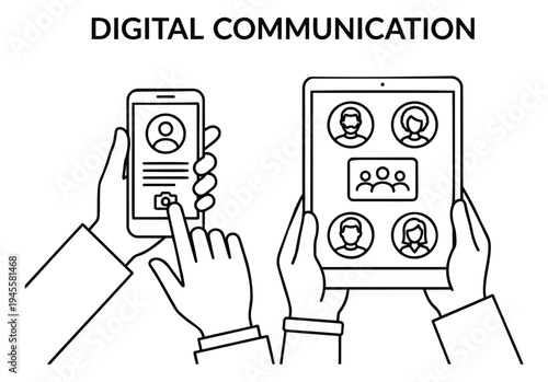 Line art illustration of digital communication depicting video conferencing on smartphone and tablet for remote collaboration design