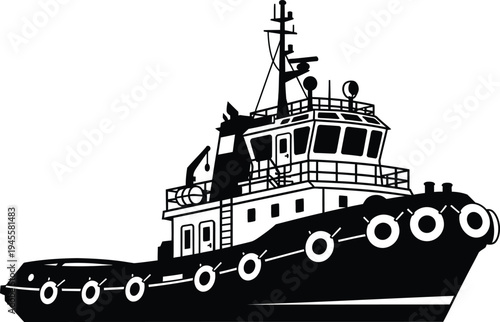 A black and white illustration of a tugboat with a large cabin and multiple life preservers