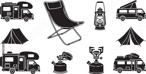 Camping icons and symbols for outdoor adventure travel planning