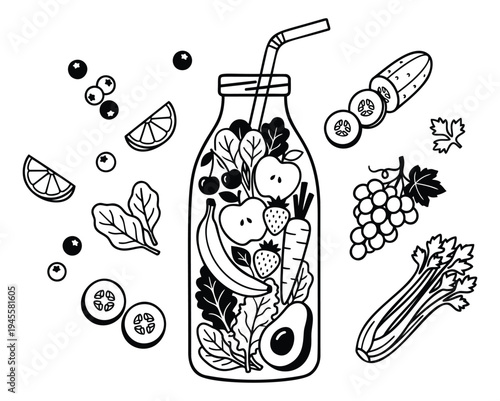 Outline illustration of healthy smoothie bottle depicting fresh fruits and vegetables for nutrition and wellness design