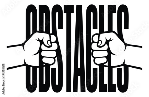 Bold silhouette illustration of clenched fists gripping prison bars depicting obstacles and resistance for protest design