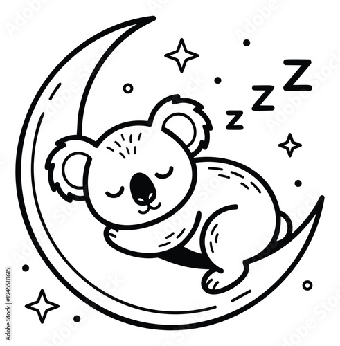 Outline illustration of sleeping koala on moon depicting peaceful rest and sweet dreams for bedtime design