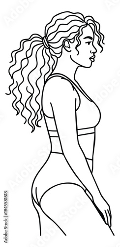 Line art illustration of female figure with curly hair depicting side profile view for fashion and beauty design