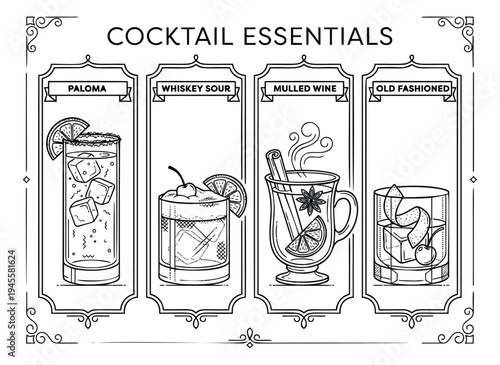 Line art icon set of 4 classic cocktails featuring paloma, whiskey sour, mulled wine and old fashioned for bar and menu design