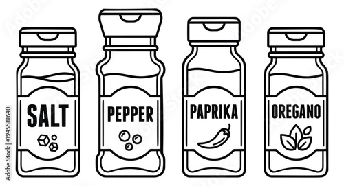 Outline icon set of 4 spice jars featuring salt, pepper, paprika and oregano for culinary and cooking design