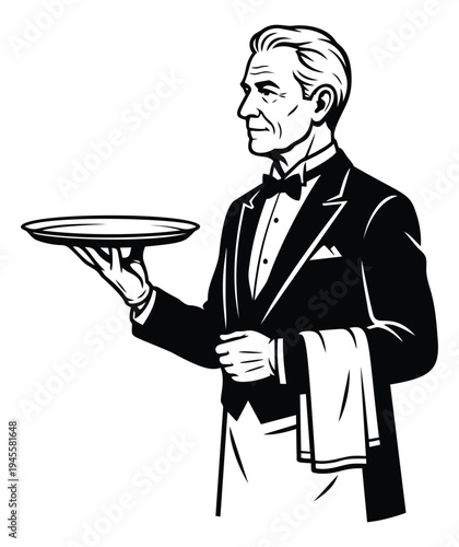 Engraving illustration of elegant butler holding tray depicting professional service for hospitality design