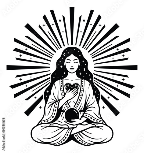 Engraving illustration of meditating woman with crystal ball depicting spiritual mysticism for wellness design