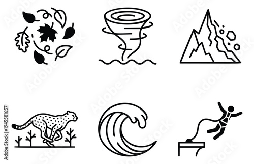 Outline icon set of 6 natural disaster symbols featuring tornado, avalanche and wildlife for environmental design