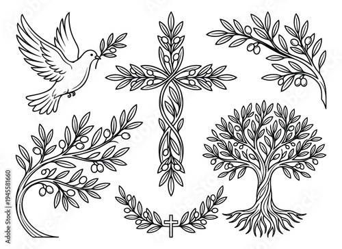 Line art icon set of 6 religious symbols featuring dove, cross, olive branches and tree for spiritual design